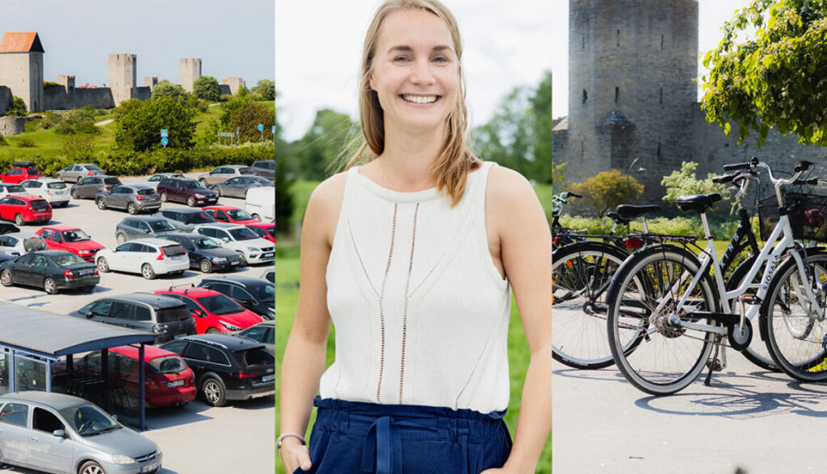 Tredelad bild parkering, ung leende kvinna, cyklar vid visby ringmur